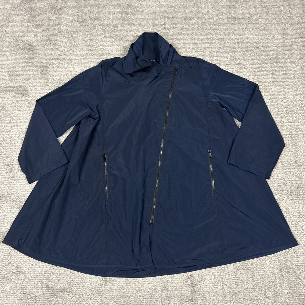 Sun Kim Jacket Womens Large Navy Blue Asymmetric Zip Lagenlook Swing Pockets USA